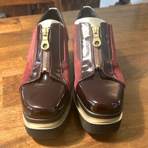 Like New Marco Moreo Milan Burgundy and Gold Suede Patent Leather Platform Shoes